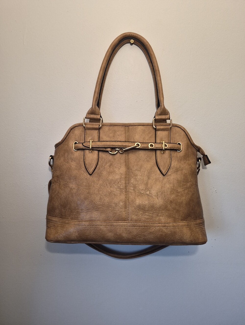 Large Tan Vegan Leather Satchel With Removable Strap New Without Tags Great Bag